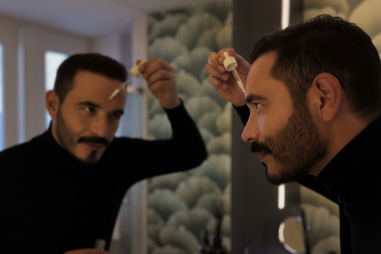 "Hombre aplicándose producto de skincare frente al espejo — rutina de cuidado facial masculino Nectar For Men"