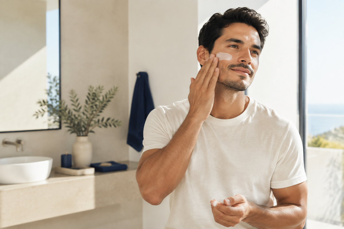 Hombre aplicando protector solar facial en su rutina diaria