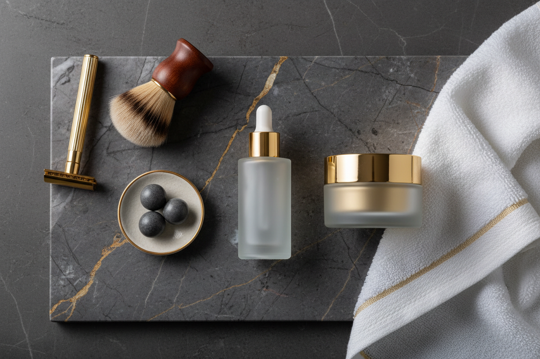 Hombre aplicando su rutina de cuidado facial con productos de skincare